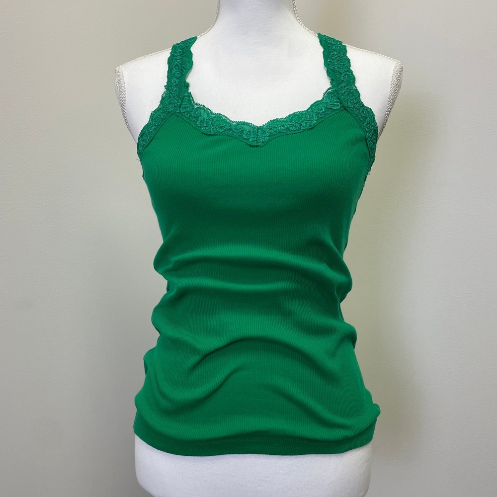 Vintage Y2K Forever 21 XXI Green Ribbed Lace Trim Racerback Camisole Tank Top M